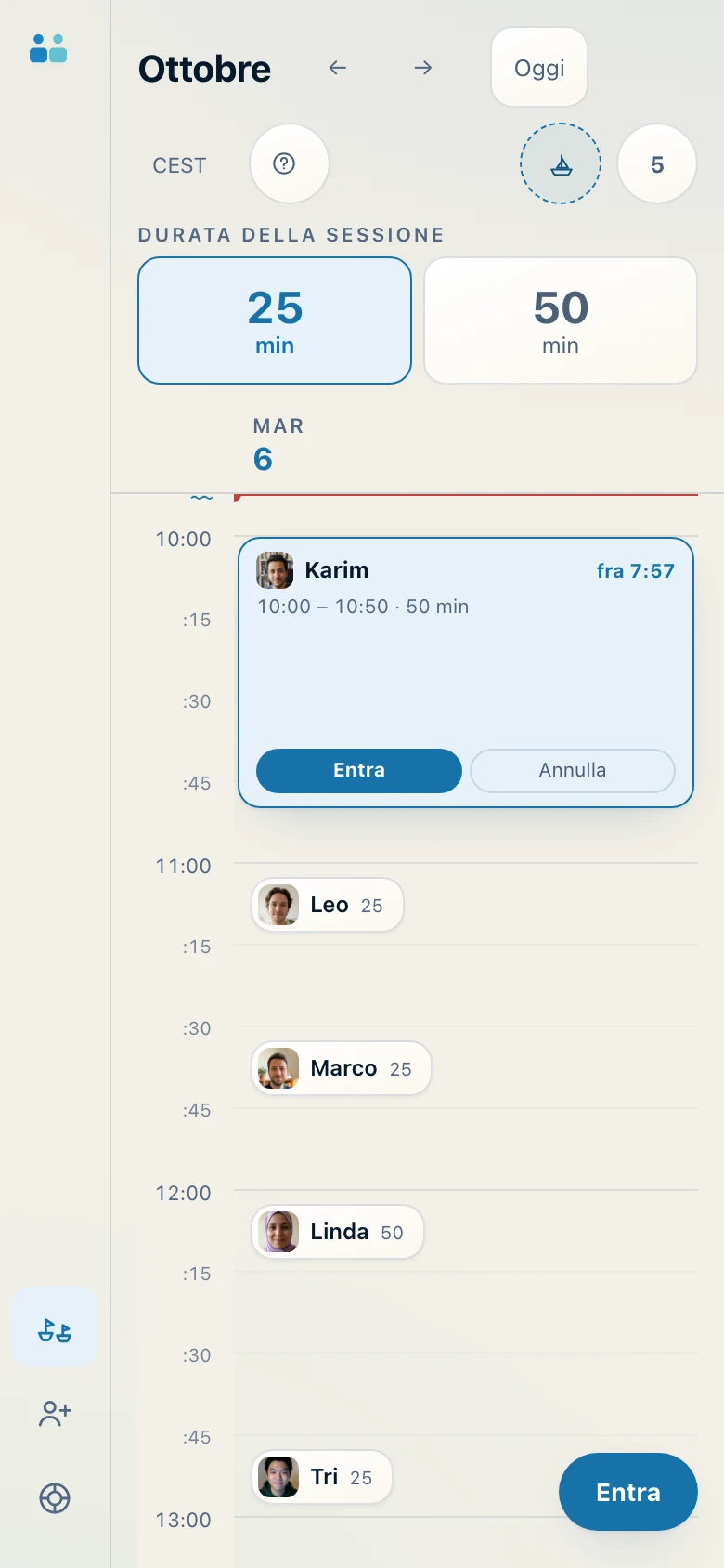 Il calendario sul telefono, con la scelta fra 25 e 50 minuti e le persone in attesa.