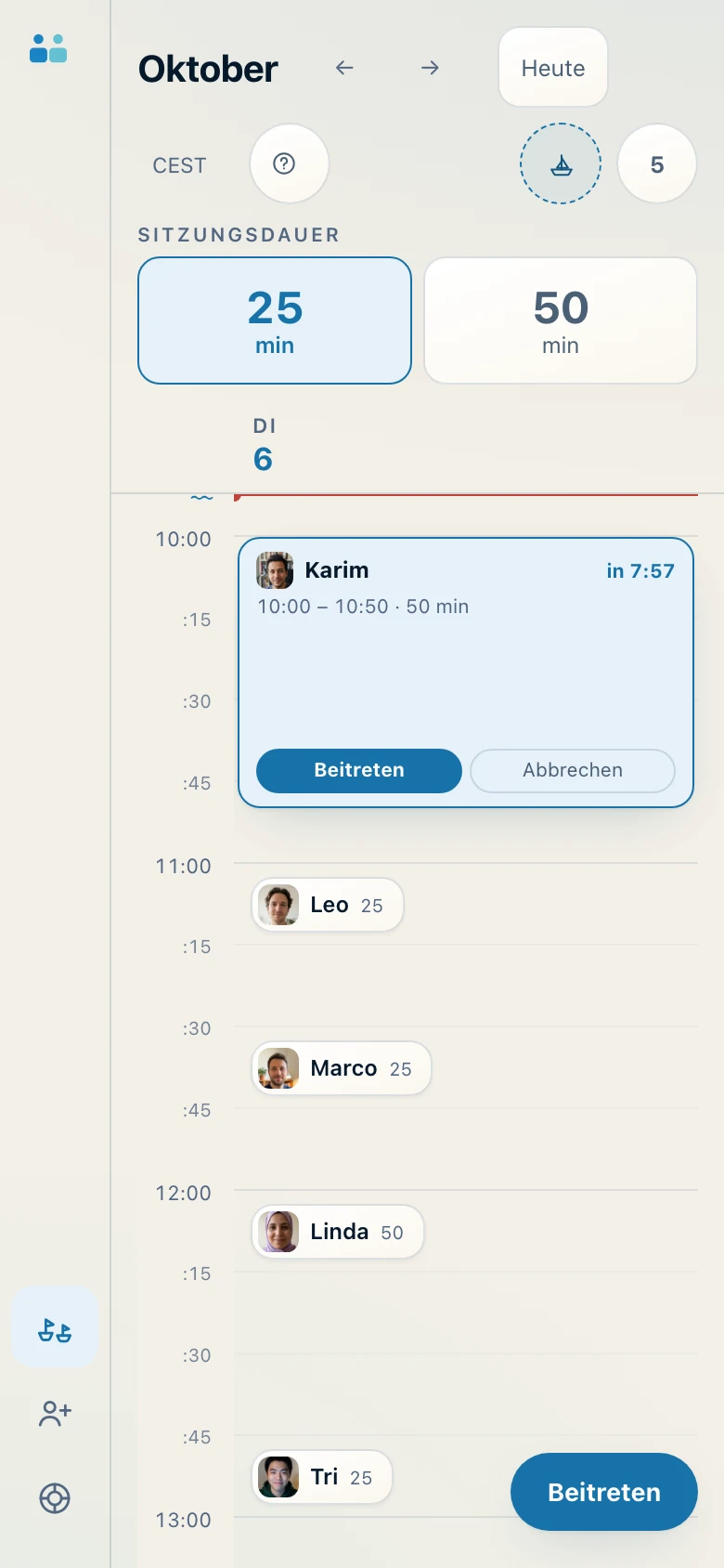 Der Kalender am Handy, mit der Wahl zwischen 25 und 50 Minuten und den wartenden Personen.