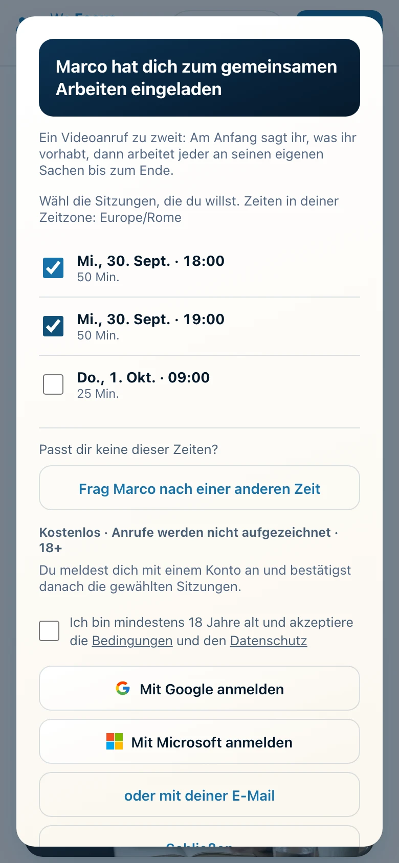 Die Seite, die die eingeladene Person sieht, mit den Sessions zur Auswahl.