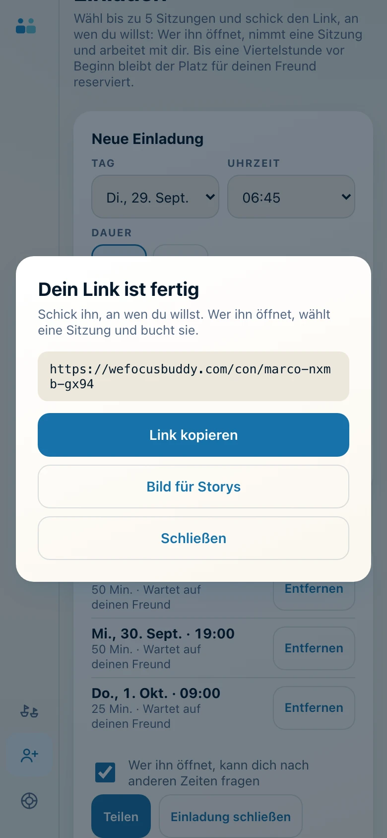 «Dein Link ist fertig», mit den Schaltflächen zum Kopieren und für das Story-Bild.