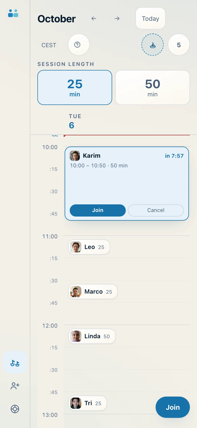 The calendar on a phone, with the choice between 25 and 50 minutes and the people waiting.
