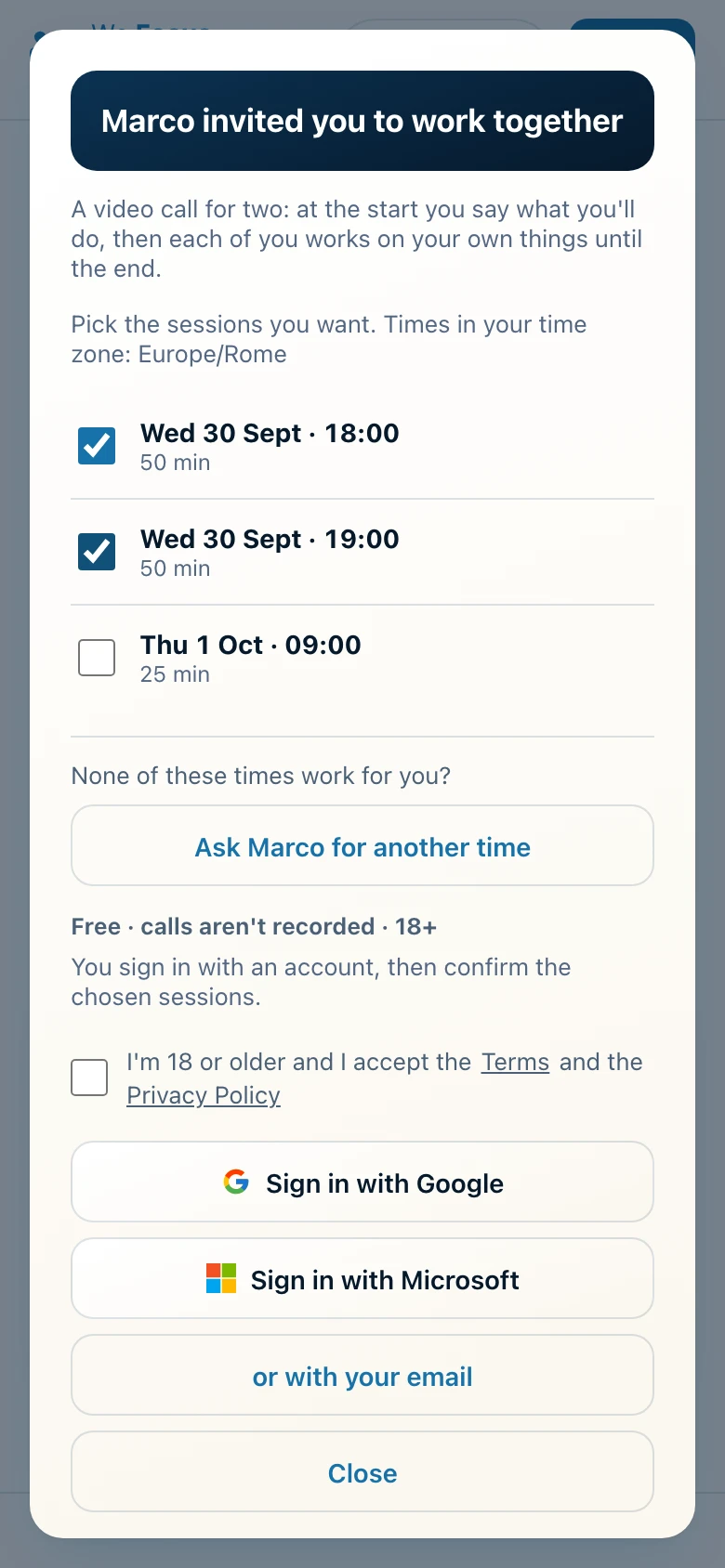 The page the invited person sees, with the sessions to choose from.