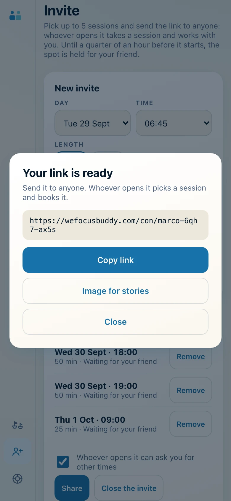 «Your link is ready», with the buttons to copy it and for the stories image.