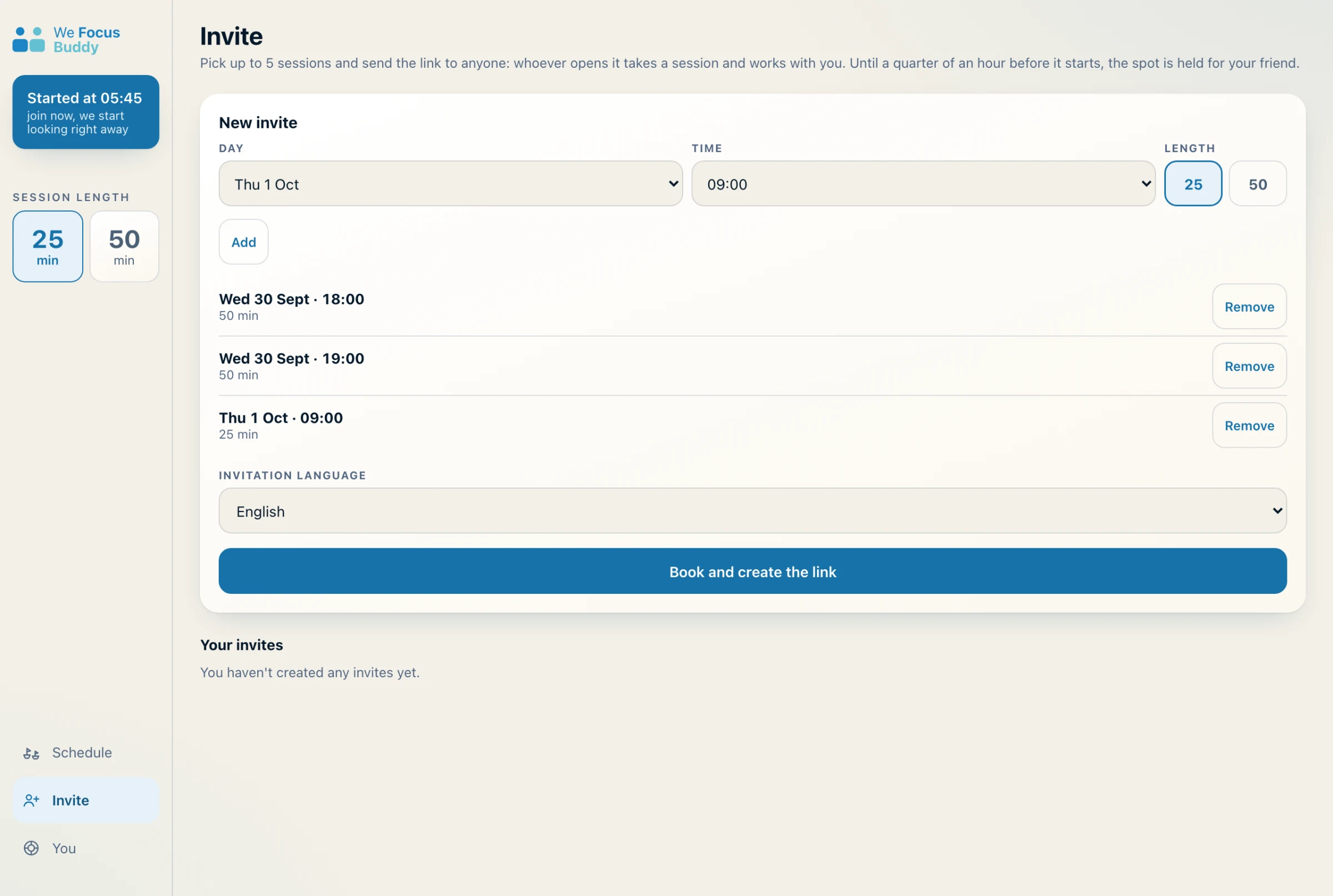 The Invite section: three sessions chosen and the button to create the link.