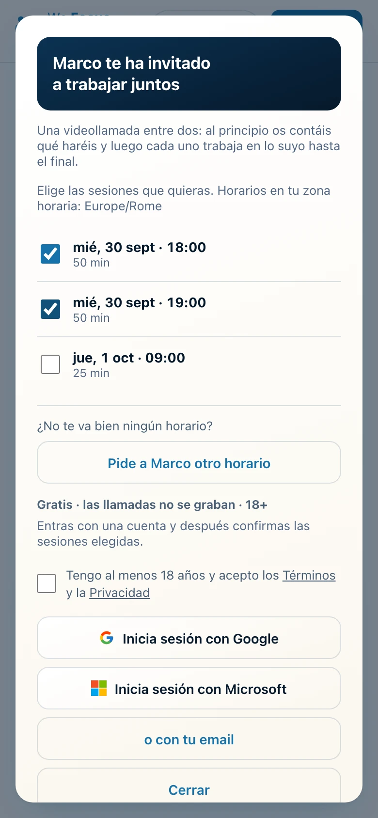 La página que ve quien recibe la invitación, con las sesiones para elegir.