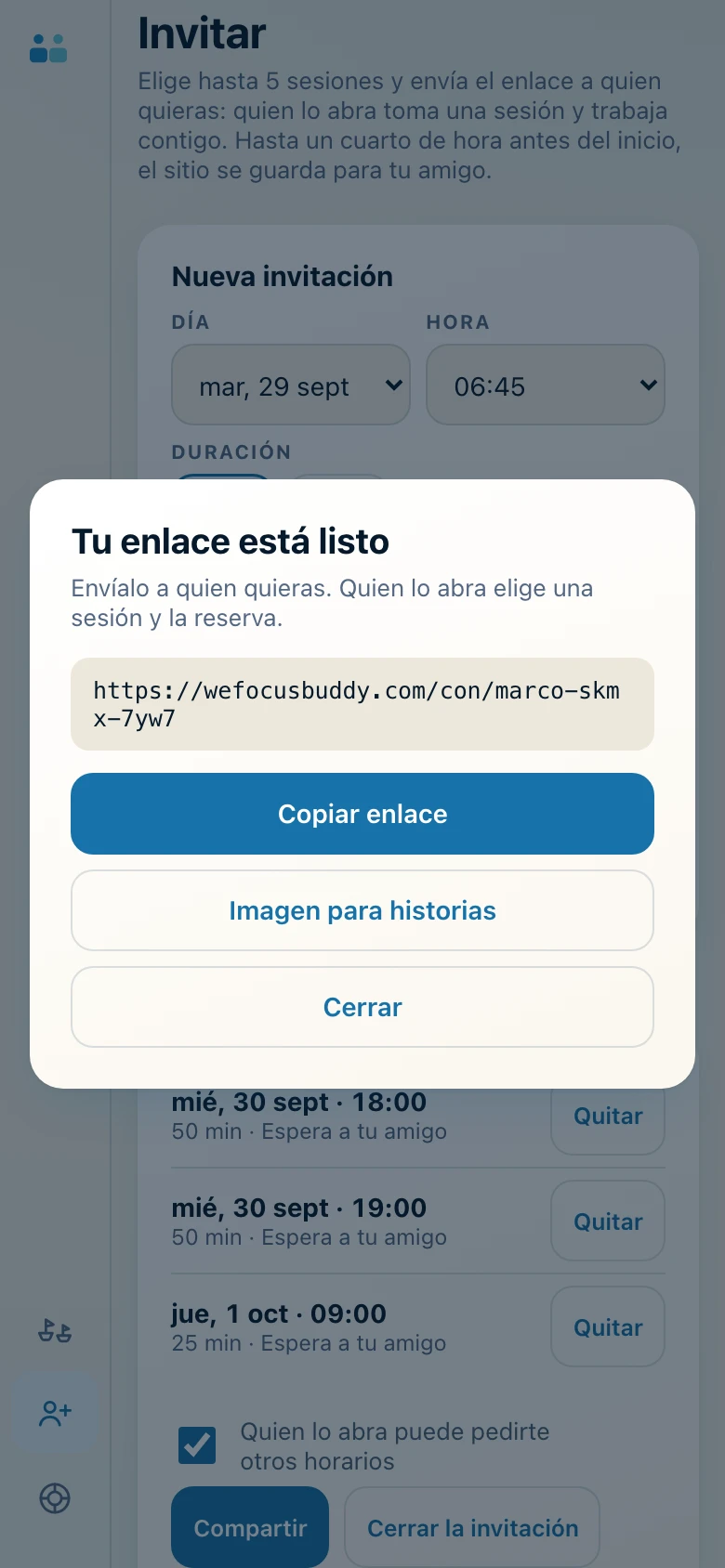 «Tu enlace está listo», con los botones para copiarlo y para la imagen de las historias.