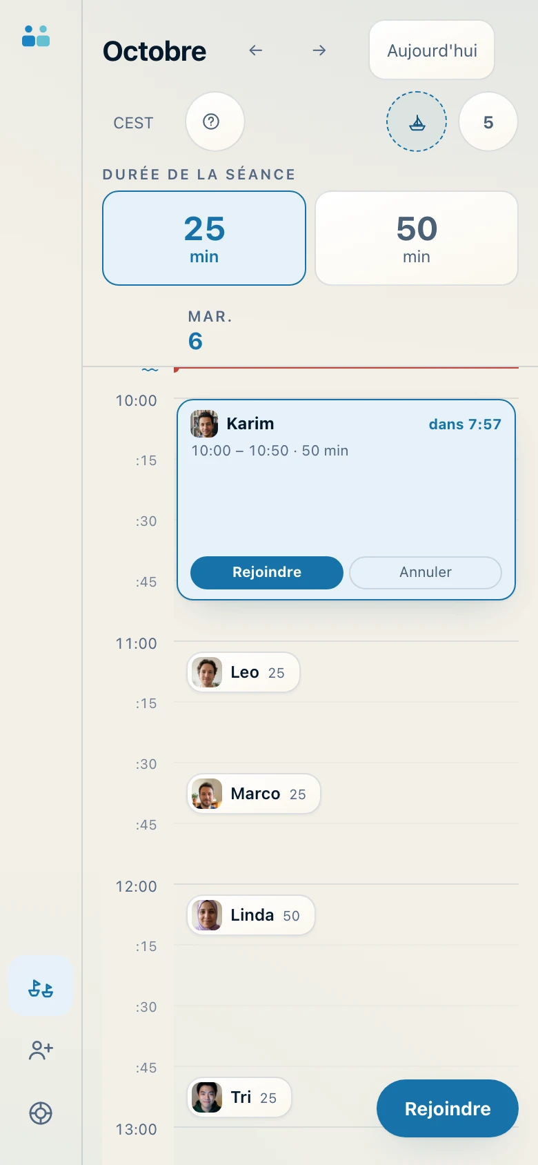 Le calendrier sur téléphone, avec le choix entre 25 et 50 minutes et les personnes en attente.