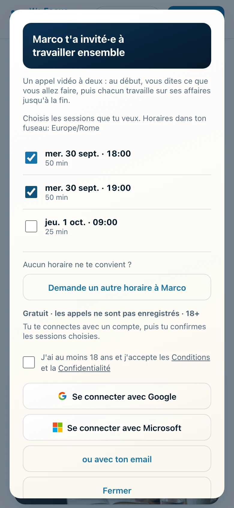 La page que voit la personne invitée, avec les sessions à choisir.