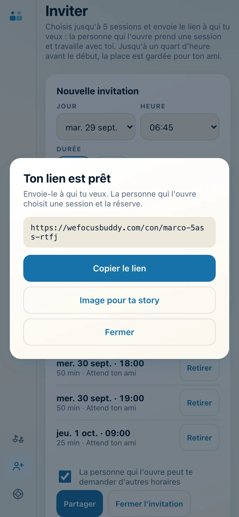 « Ton lien est prêt », avec les boutons pour le copier et pour l'image des stories.