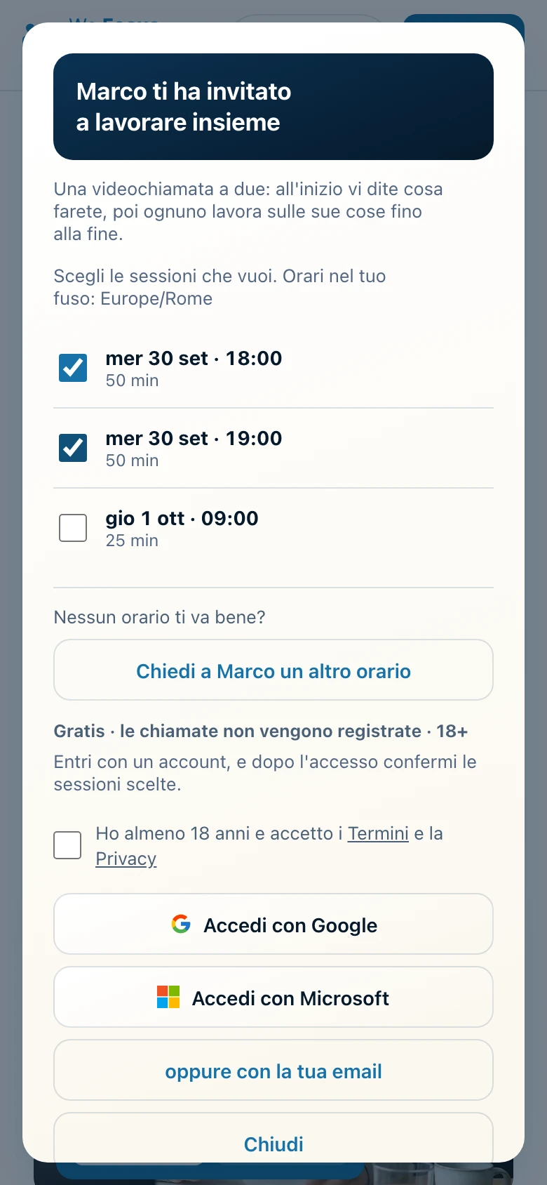 La pagina che vede chi riceve l'invito, con le sessioni da scegliere.