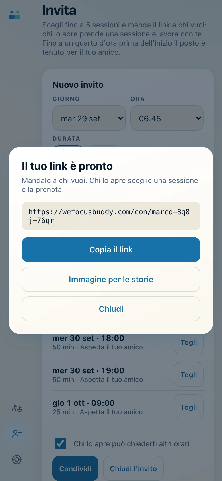 «Il tuo link è pronto», con i pulsanti per copiarlo e per l'immagine delle storie.