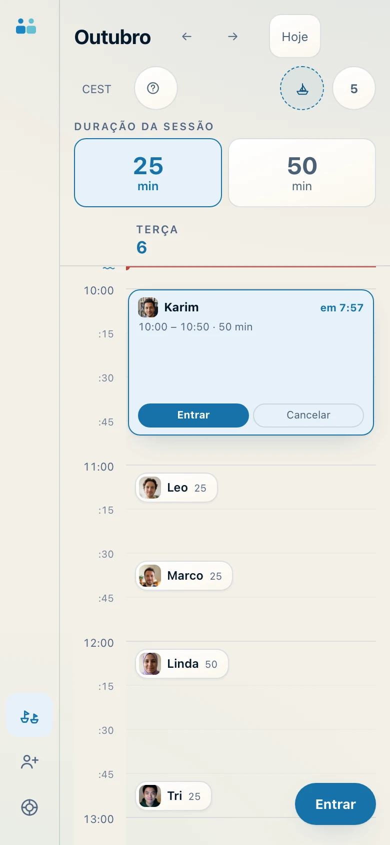 O calendário no telemóvel, com a escolha entre 25 e 50 minutos e as pessoas à espera.
