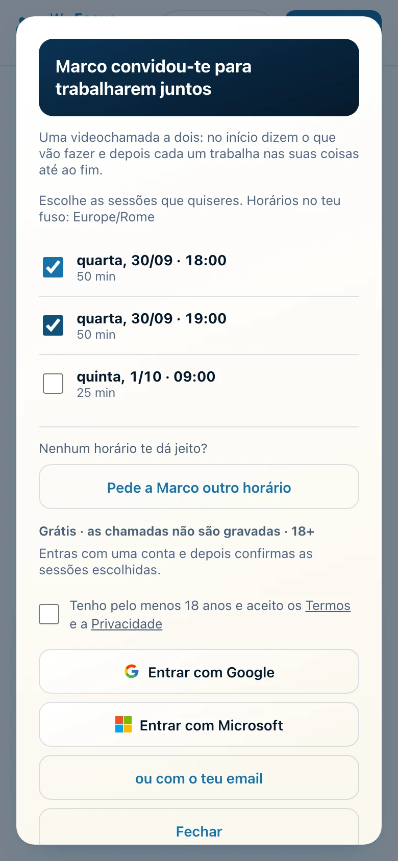 A página que vê quem recebe o convite, com as sessões para escolher.