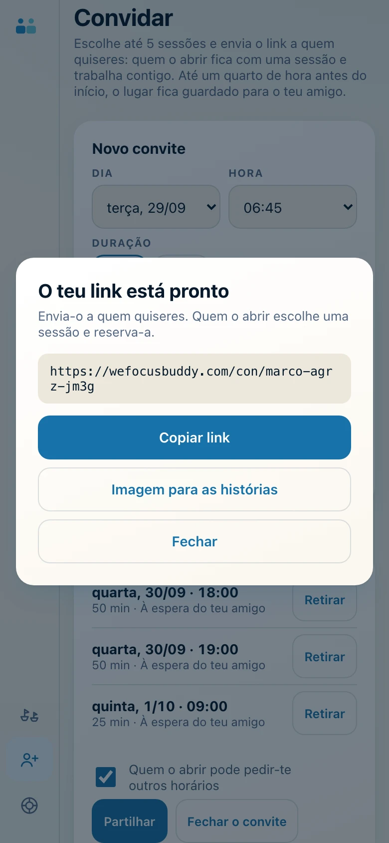 «O teu link está pronto», com os botões para o copiar e para a imagem das histórias.